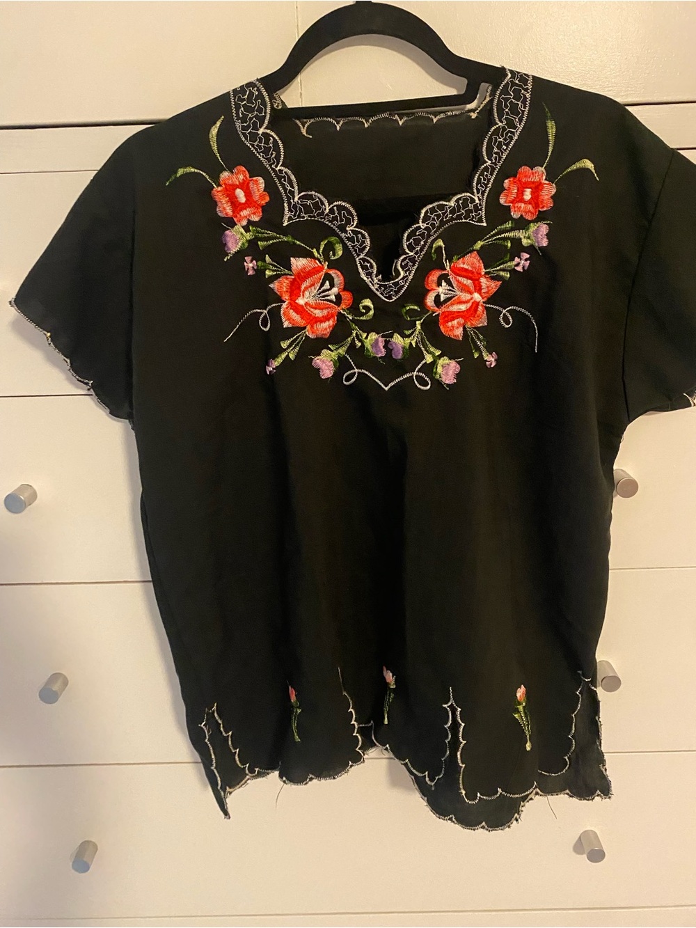Vintage Tablecloth Embroidered Black Floral Women's Top, S/M